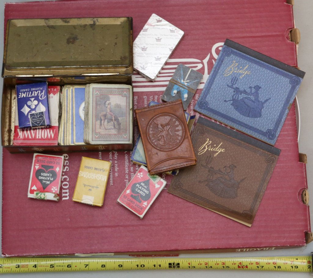 Vintage playing card collection: With a leather card deck case. Assorted Regular sized cards as well as mini decks. AS IS with tin box