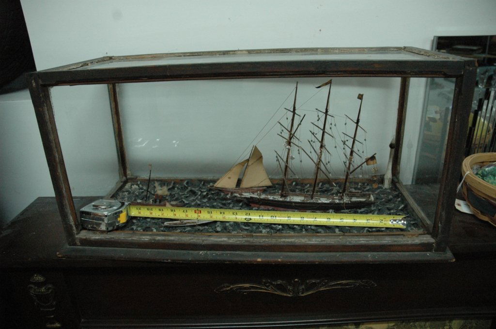 Antique Diorama Iin glass case: Schnooer Maude & other vessels in as found glass case. Overall dimensions 29x13x14 as is