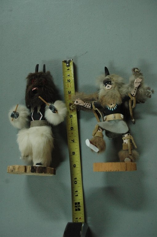 Kachina Set of dancing Dolls: Apache Signed Curm? 9.5" tall with removable head dressing. "Eagle Dance" Signed A.L. 8.5" Tall