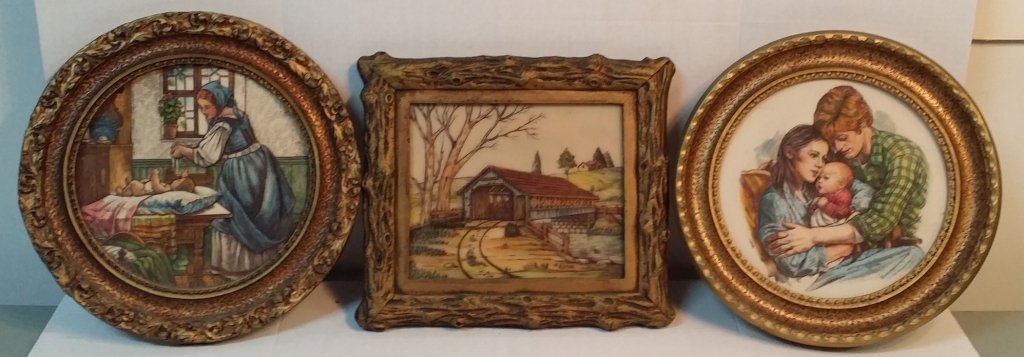 3 Artini Twin etched 4D Sculptured engravings: Covered Bridge 14" X 12", " Loving Family " 13.5" diameter, " Nanny changing diaper " 13.75" All numbered on the back.