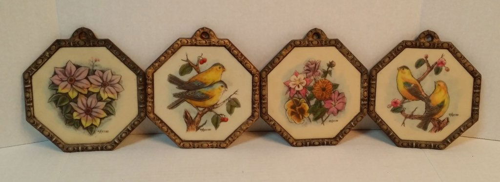 4 Artini 4D Sculptured Engravings octagon shaped: 2 floral, and 2 bird design. 6.5" X 7" all numbered