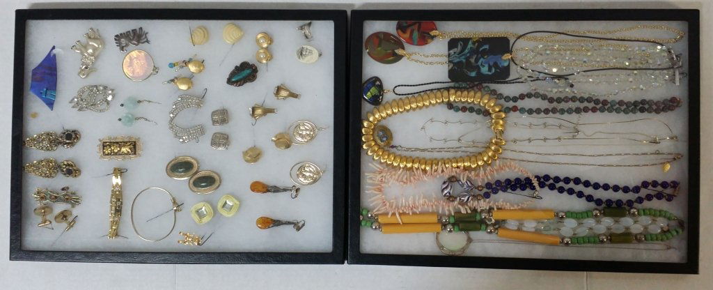Over 50 Costume Jewelry pieces: 2 trays of Necklaces, Earrings, Chain, Bracelets, and pendants. Some are signed, Like Corra, Emani Aulatti, and more...