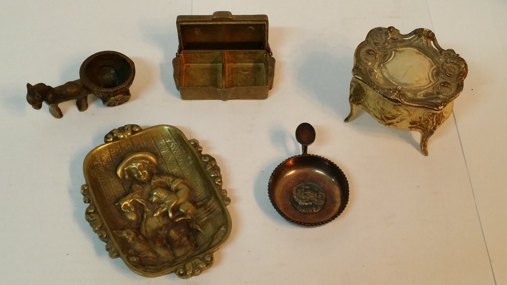 Metal Trinket trays, box, and holders: Metal Victorian style trinket / jewelry box, Brass Lobster Boy ashtray, Donkey pulling cart candle holder, and " Chopin " candle holder .