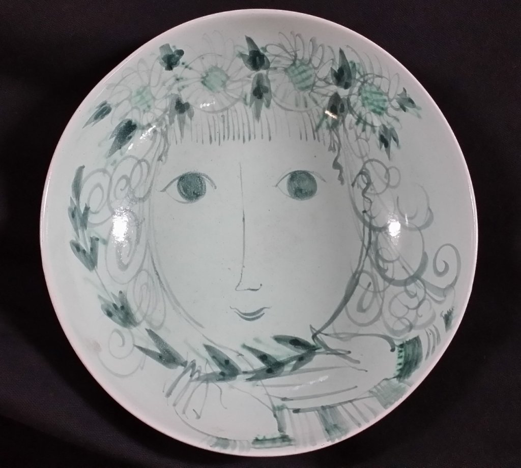 Bjorn Wiinblad Ceramic Bowl '49: Large glazed ceramic bowl with whimsically painted woman's face, 9.5" X 3".