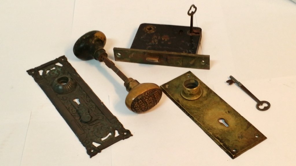 New York City Public School Door Knob Lock Set: Antique working lock and key from a New York City Public School.
