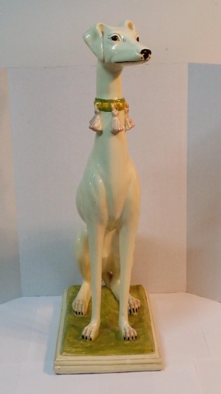 Vintage Marwal Composite Greyhound Dog Statue: Vintage 1960'S Marwal Composite Greyhound dog floor statue. "Lucchesi 277" reverse imprinted on bottom. Stands 32.25 inches tall and 10 by 17 inches at base. Off-white color with lime green to collar