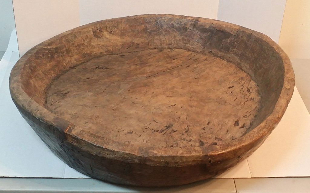 Large Antique Middle Eastern carved wooden bowl: Out of a prominent Iraq estate, with aged dark patina. Very large and very heavy serving or cereal bowl. Signed " Orha " on the bottom