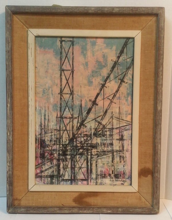Original composition signed Richard A. Florsheim: 1960 Original wax & oil on gesso Titled: Bridge Construction. Jacques Seligmann Gallery Dem: