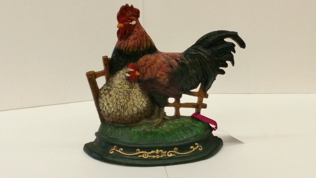 Painted Iron Rooster & Hen doorstop: 12" X 13" wide