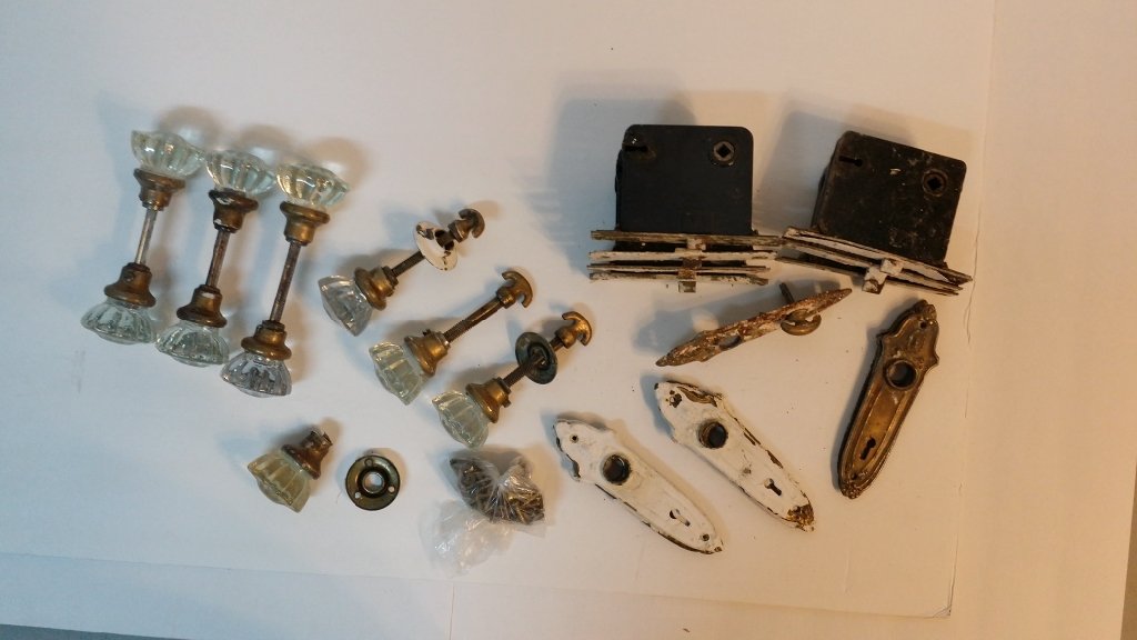 Antique Glass Door Knob sets with locks: 3 full sets with brass plates and 3 sets for a closet
