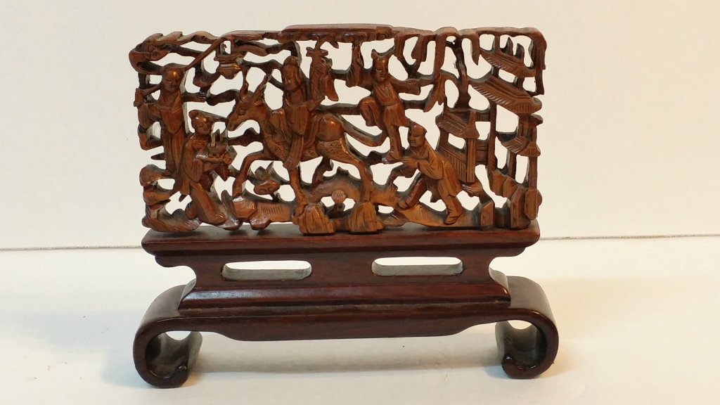 Carved Wooden Buddhist Monk Scene: 4.25" X 5"