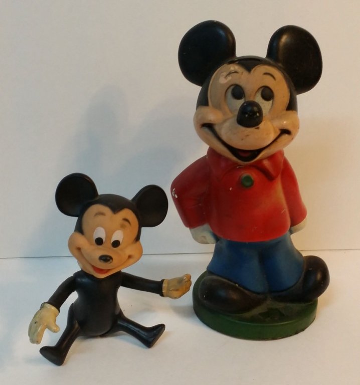Plastic Mickey Mouse band & pose-able doll: The bank is 11" and the doll is 7.5" tall