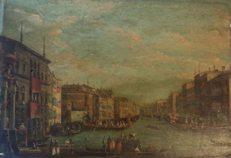 Oil on panel antique Venetian scene: A small oil on panel Venetian scene, 13.75" x 9.5". Unsure if this is an oil on panel or a print highlighted with oils. Beautiful quality.