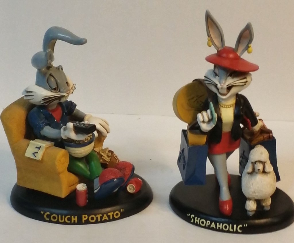 Mr & Mrs Bugs Bunny as Couch Potato & Shopaholic: 11" X 7" and 9" X 7"