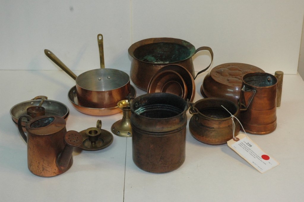 Miscellaneous Copper Kitchen Pots and more: Kettles, Frying Pans, A Cake mold, Watering cans, Candle Holders, Pots, Funnels, 16 pieces total.