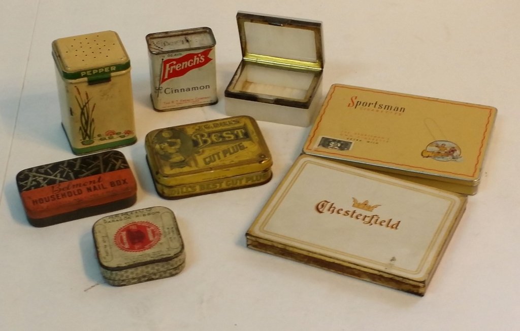 Vintage Tins; " Sportsman, Chesterfield, & more: J.G. Dill's, Belmont Household Nail Box, Standard Remington Typewriter Ribbon, French's Cinnamon, Pepper, and a Marble and metal small box.