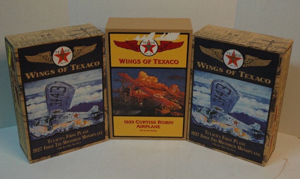 Lot of 3 Wings of Texaco Model Airplane Banks: Lot of 3 Wings of Texaco Model Airplane Banks, in Original Boxes, Authentically scaled replica plane die-cast metal coin banks: 1 - 1931 Stearman Biplane, 3rd in the series, Ertl Collectibles no. F121