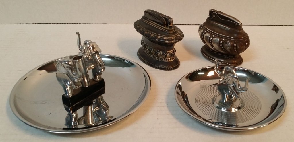 Antique Ronson " Crown " & " Waldorf " lighters: Antique Ronson table lighter, the " Crown " model, With 2 Hamilton Products " Elephant " ashtrays.