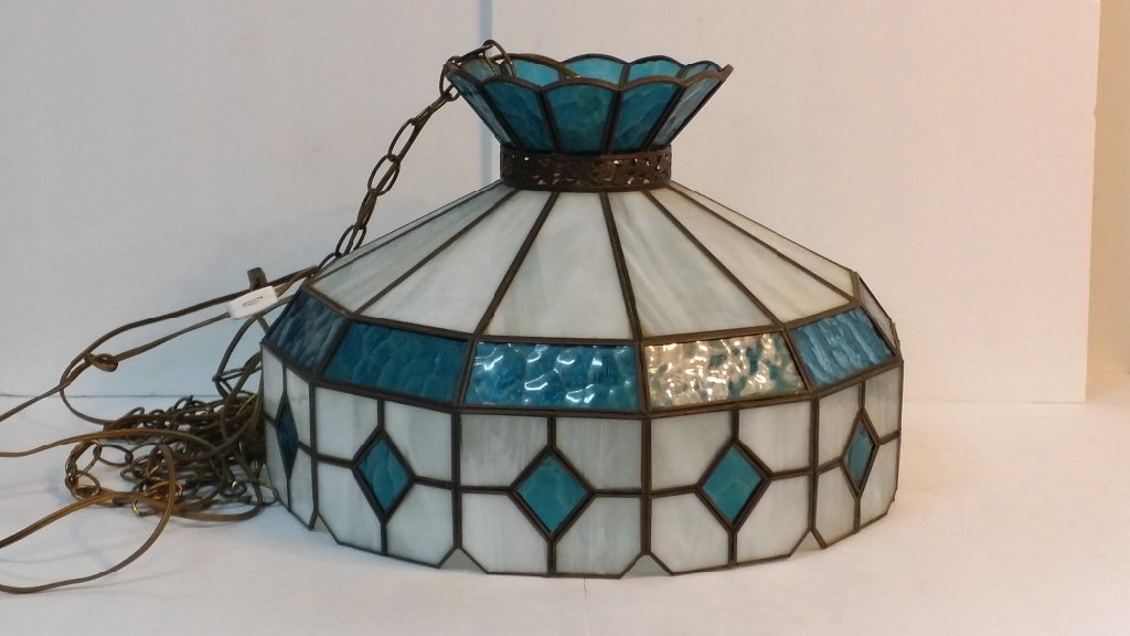 Hanging Blue Stained Glass Light: 18" diameter 12" tall.