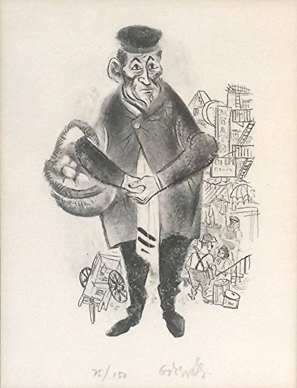 William Gropper (1897-1977), Print: A pencil signed and numbered print (lithograph?), of a Jewish man with a basket of eggs. Looks to be Lower East Side. Signed 75/150, pencil signed.