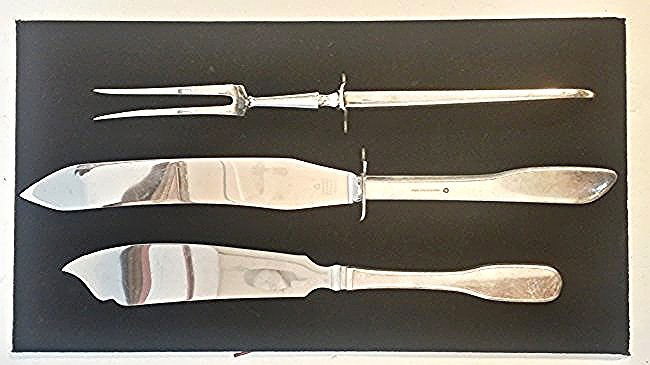 Sterling Silver lot- Hans Hansen & Frigast: A Hans Hansen large sized serving knife with weighted sterling handle (11.25"), with a Frigast sterling carving set, knife and fork, weighted sterling handles, appx. 13.5" long.