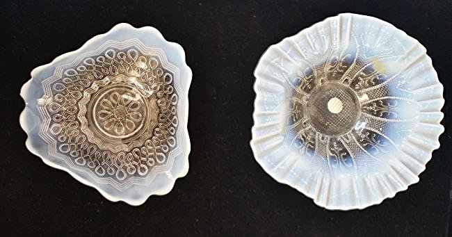 2 blue & clear Handkerchief candy dish: Clear glass with blue hue on the edges. 8 " at its widest points. other one is 8.5