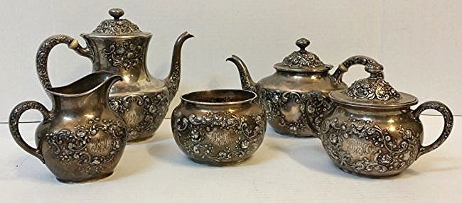 A Gorham "Fleury" Sterling Silver Tea / coffee set: A Gorham sterling silver tea / coffee set in the "Fleury" pattern. 5 piece tea service, Coffee pot, tea pot, creamer, sugar, waste bowl. Total weight appx. 46.3 oz. troy.