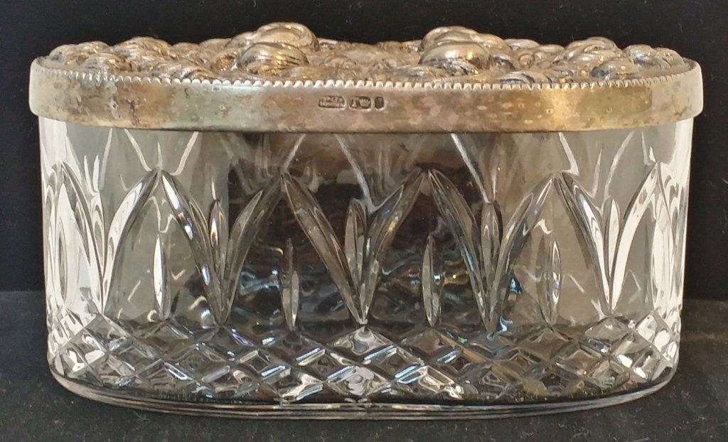 A Portuguese silver and crystal box: A fine quality silver and crystal box with Portuguese marks. 5.5" x 2.75" tall x 3.25" wide.