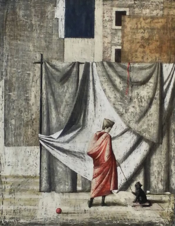 Italian oil on board "Solitude No 2": midcentury italian oil on board painting. Figure in a red cloak playing with a cat. Sight size 19.5" x 15". Signed lower left, labeled verso. Dated 1961.
