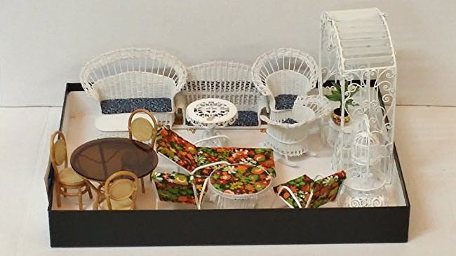 Outdoor Dollhouse Furniture, Gobel / Hummel &.....: A collection of Gobel / Hummel outdoor dollhouse furniture, all hand made & painted. Chairs, tables, benches, Table plant, Heart Shaped arbor, and more. Some with original boxes