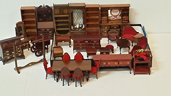 Assorted Wooden Doll House Furniture: Chairs, tables, Coat rack, display cabinets, a secretary, and more. all with original boxes.