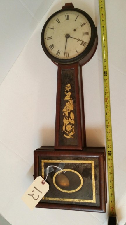 An antique Banjo clock, as is glass.: An as found, antique banjo clock. The center reverse painted panel as found. Appx. 29.5" overall.
