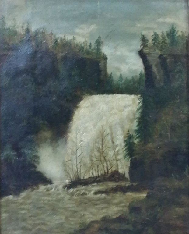 Primitive Oil on Canvas J. P. Whaley Ithaca NY: A primitive Oil on canvas titled verso "Fall Creek Ithaca/ In Spring Freshet/ Painted By/ J. (?) P. Whaley". Sight size appx. 10" x 8".