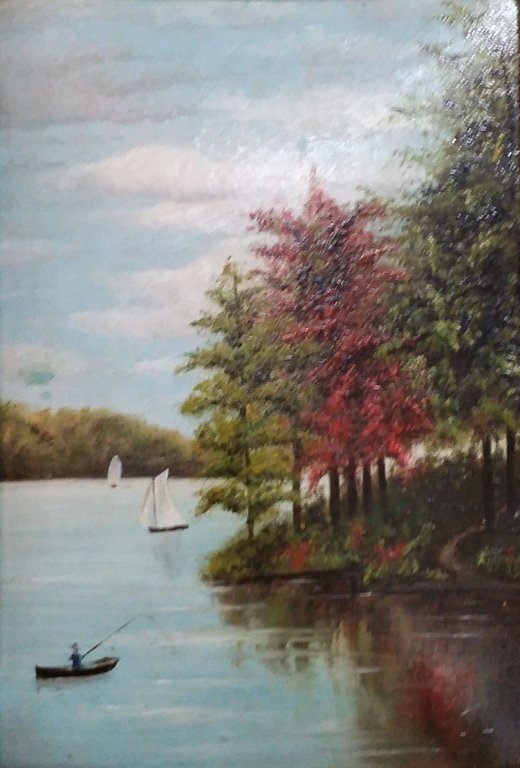 Hudson River School " Fisherman ": Sight 10" X 7"