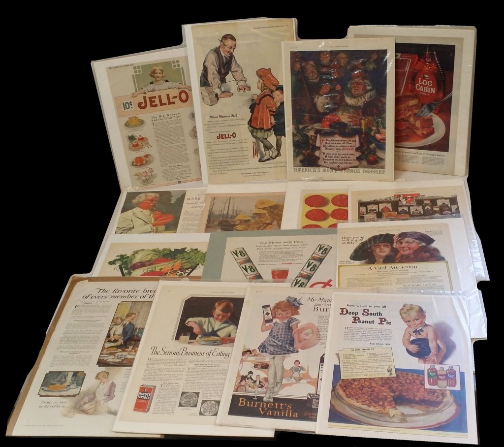 Ads; JELLO, Campbells Soup, V-8, Bacon Logs mmmm: ( 15 total )Early Food advertisements From JELLO 1918, Sun-Maid Raisins, to Libby's " Cooked Lunch Tongue "