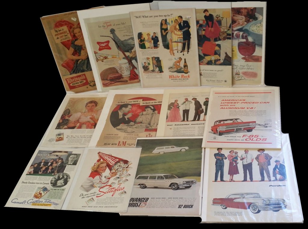 Vintage Advertising; Westinghouse, PalmOlive, etc: Large assortment of magazine cutouts and advertisements.