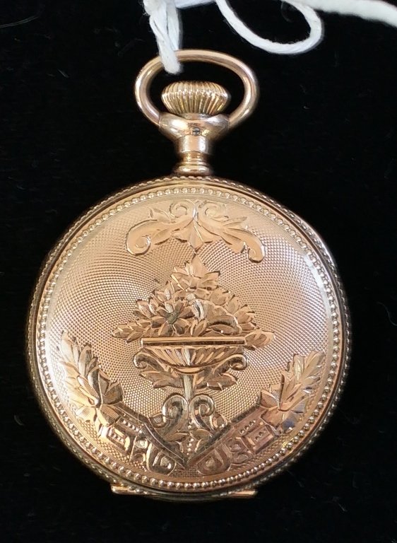 A Hampden Pocketwatch in GF Case: A md size pocketwatch in a hunter case. Movement marked "Molly Stark/ Canton O.". Apparently not working.