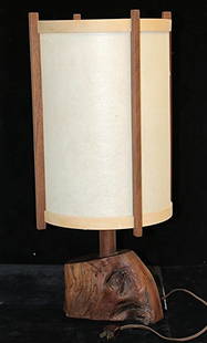 George Nakashima 1981 Walnut, Burl, Holly & ...: Original table lamp composed of walnut, burl, & parchment. 9" X 20" with copy of original dimensions. Minor issues as pictured