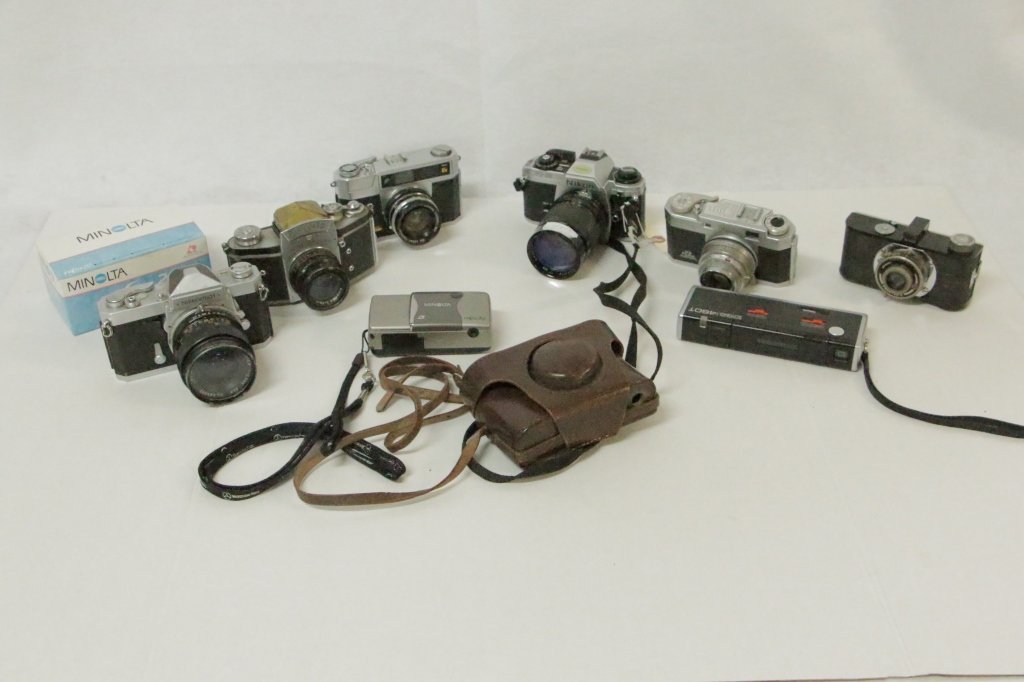 HUGE Camera Lot;NIkon FG-20, Prontor II, Exakta &: Nikkormat by Nikon, Taron, Minolta 460-T, and Minolta VE TIS20