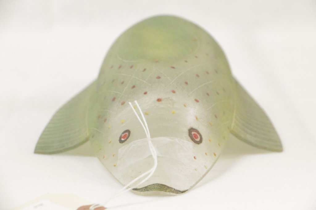 Maurice Heaton "Fish" glass: A rare Maurice Heaton glass figural fish. 14.5" long, 6.75" widest. Signed "M.H." on left fin.