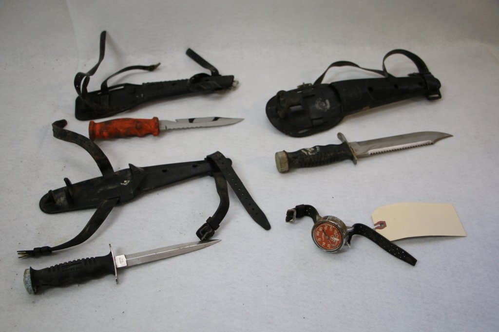 Dive Knife Collection; Dacor, Mares Sub, "Calypso": Dive watch Calypso " Aqua Lung ", Dacor 7" blade, Mares Sub 5.3/4", & the Eternal 5.75" blade. All the knives have sheaths/ body straps.