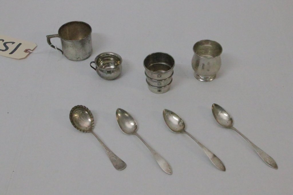 Sterling Silver Cups and Spoons; Gorham, Towle, &: Gorham measuring cup, Towle small cup, Boardman small mug, Flato tea cup, and 4 spoons with unfamiliar mark.