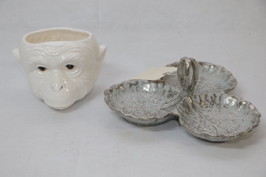 Stangl " Colonial Silver " & Fitz & Floyd Monkey: Fitz and Floyd white " Monkey Head " planter 8" X 5.5". Stangl serving tray with handle, approximate size 4.5" X 11.75"