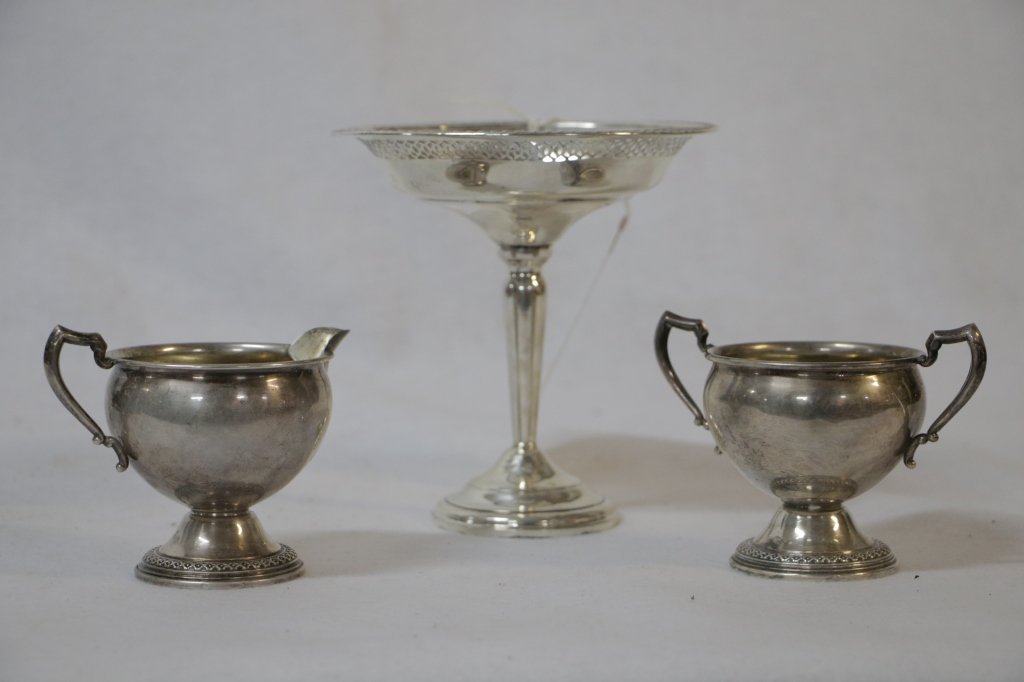 Weighted Sterling Silver Pedestal Candy Dish &: Sugar & Creamer.