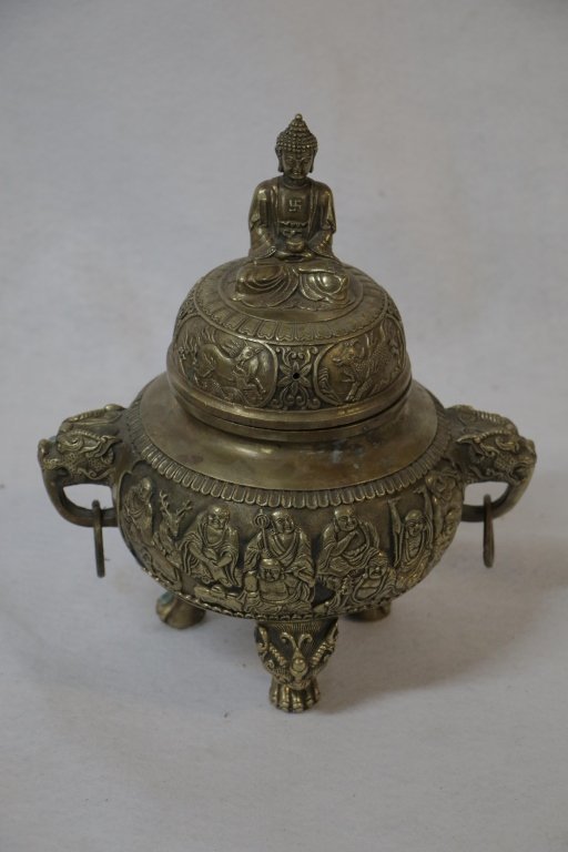 Footed Bronze Buddha Incense Burner: Embossed with Buddha and Dragons / Foo Dogs