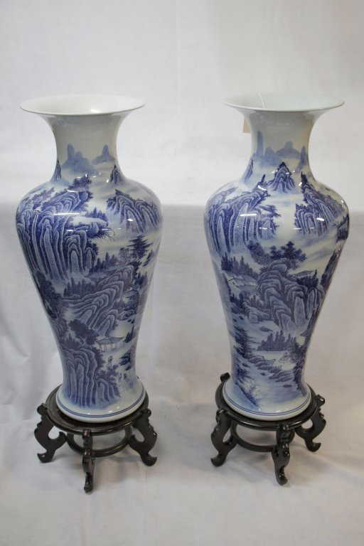 Very Large Blue White Chinese Vases Rosewood Stands