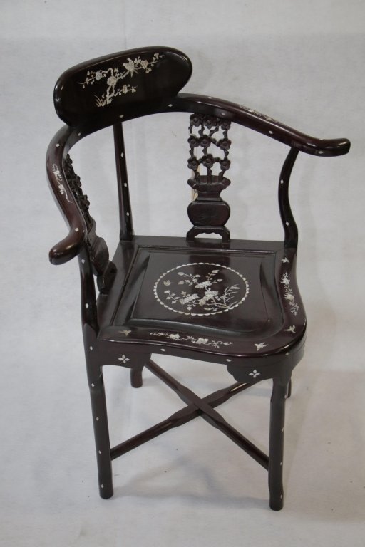 Chinese Rosewood Chair, Mother of Pearl Inlaid: Corner chair .75" X 28.5" X 17.25" to the seat.