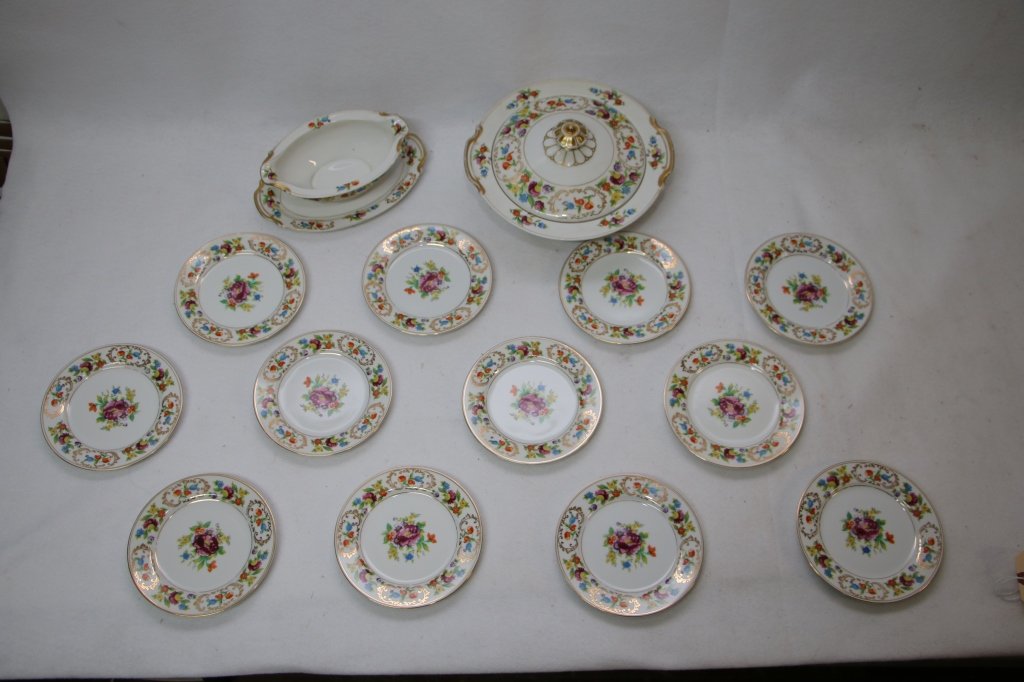 Noritake Cina " Dresdena " Pattern: Covered Casserole 5.5" X 10.5" diameter, Gravy Boat, and 12- 6.25" diameter plates.