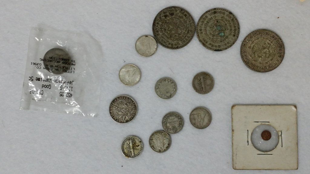 Antique Silver Coins & others; 1914-1964: 1914 United States Quarter, 1945 Us Nickel Graded in Bag " Jefferson Wartime, 1964 MINI US Penny, 1916 Republica Francaise, ( 2 ) 1942 United States Silver Dimes, ( 2 ) 1927 & 1929 Canadian Dimes", GE