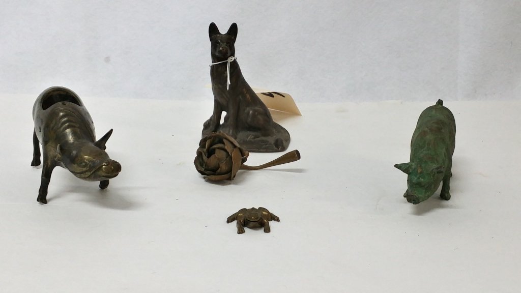 Bronze Barn Yard; Hog, Bull, Frog, Dog, and Rose: Collection of bronze pieces 5 total.